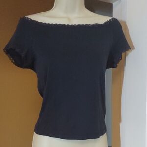 Dark Dusty Blue Off-Shoulder Lace Trim Cap Sleeve Women's Top - MEDIUM